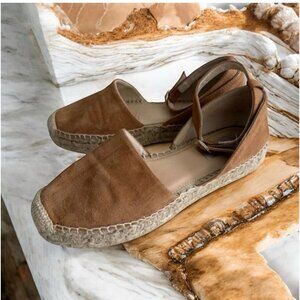 Women's Tan Suede Espadrille Flats with Ankle Strap